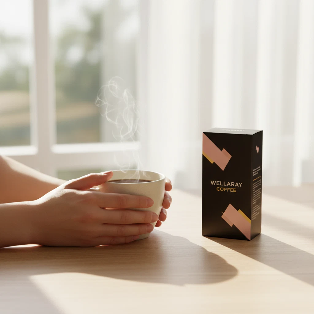 Morgenroutine mit Kaffee - Hände halten eine warme Tasse, daneben ein Wellaray Coffee Sachet auf einem Frühstückstisch